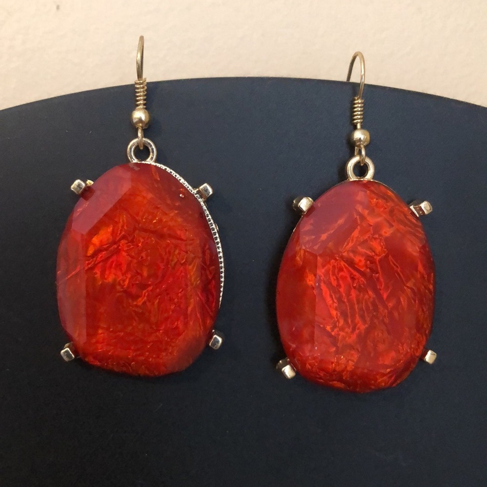 Red Orange Jewel Hanging / Dangling Earrings